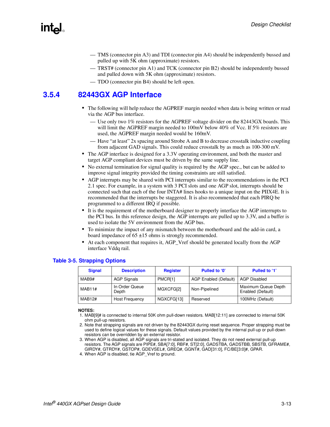 Intel 440GX manual 3.5.4 82443GX AGP Interface, 5. Strapping Options, Design Checklist 