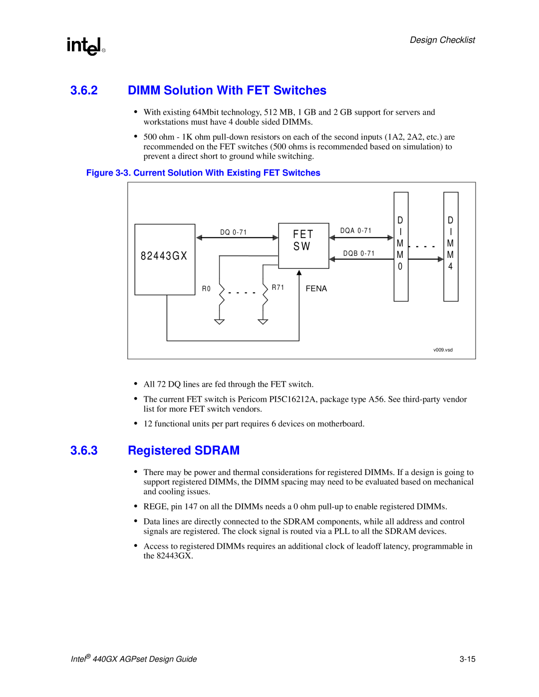 Intel 440GX manual DIMM Solution With FET Switches, Registered SDRAM, 3. Current Solution With Existing FET Switches, F E T 