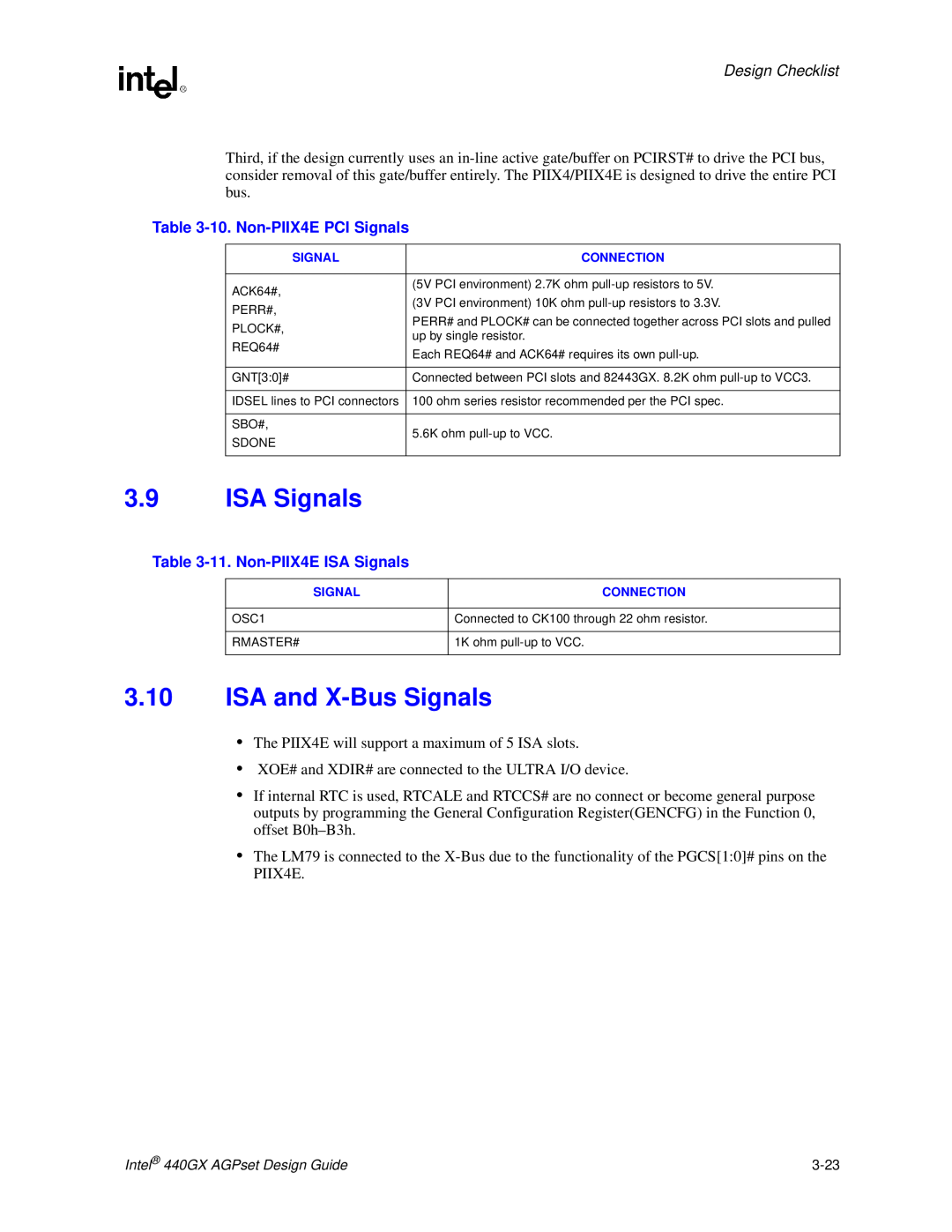 Intel 440GX manual ISA and X-Bus Signals, 10. Non-PIIX4E PCI Signals, 11. Non-PIIX4E ISA Signals, Design Checklist 