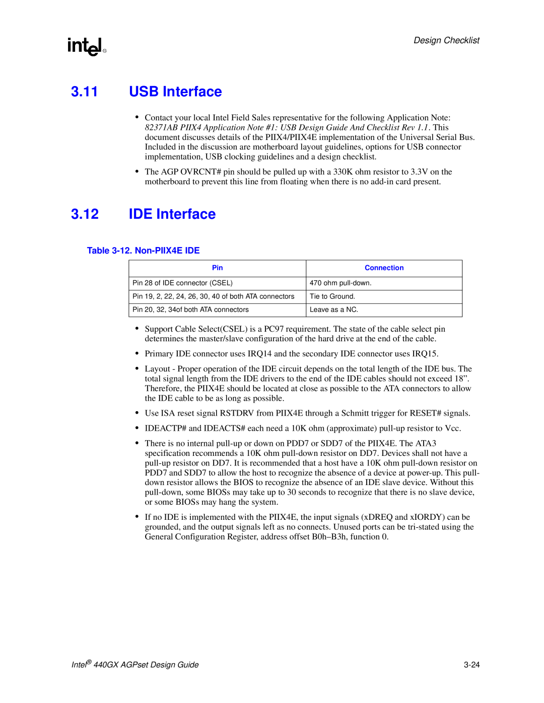 Intel 440GX manual USB Interface, IDE Interface, 12. Non-PIIX4E IDE, Design Checklist 