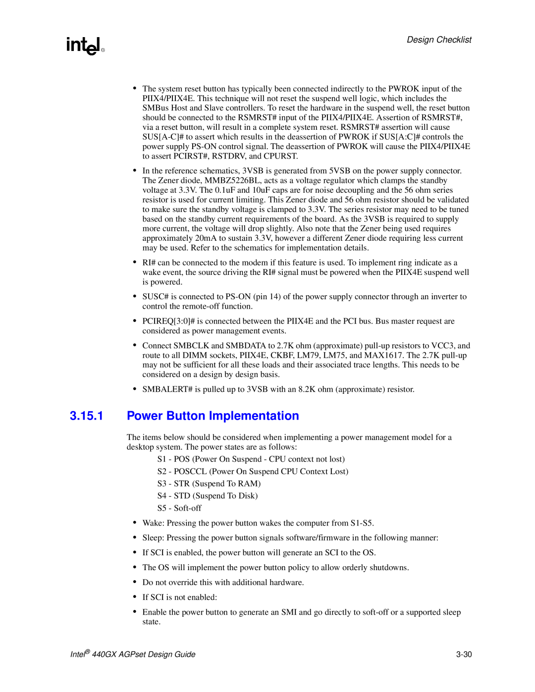 Intel 440GX manual Power Button Implementation, Design Checklist 