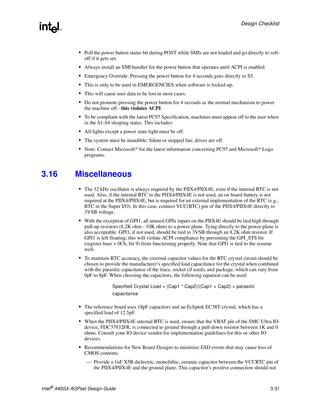 Intel 440GX manual Miscellaneous, Design Checklist 