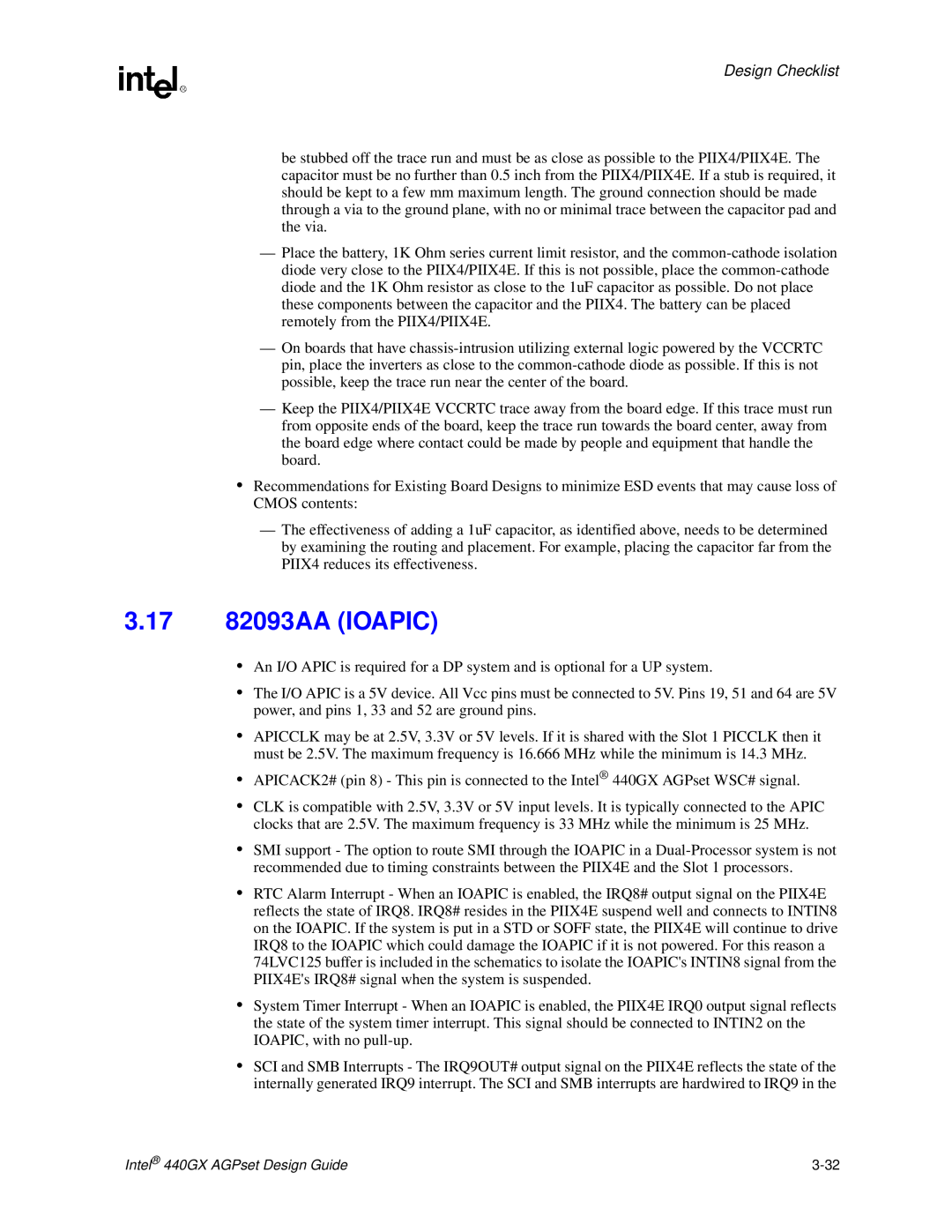 Intel 440GX manual 3.17 82093AA IOAPIC, Design Checklist 
