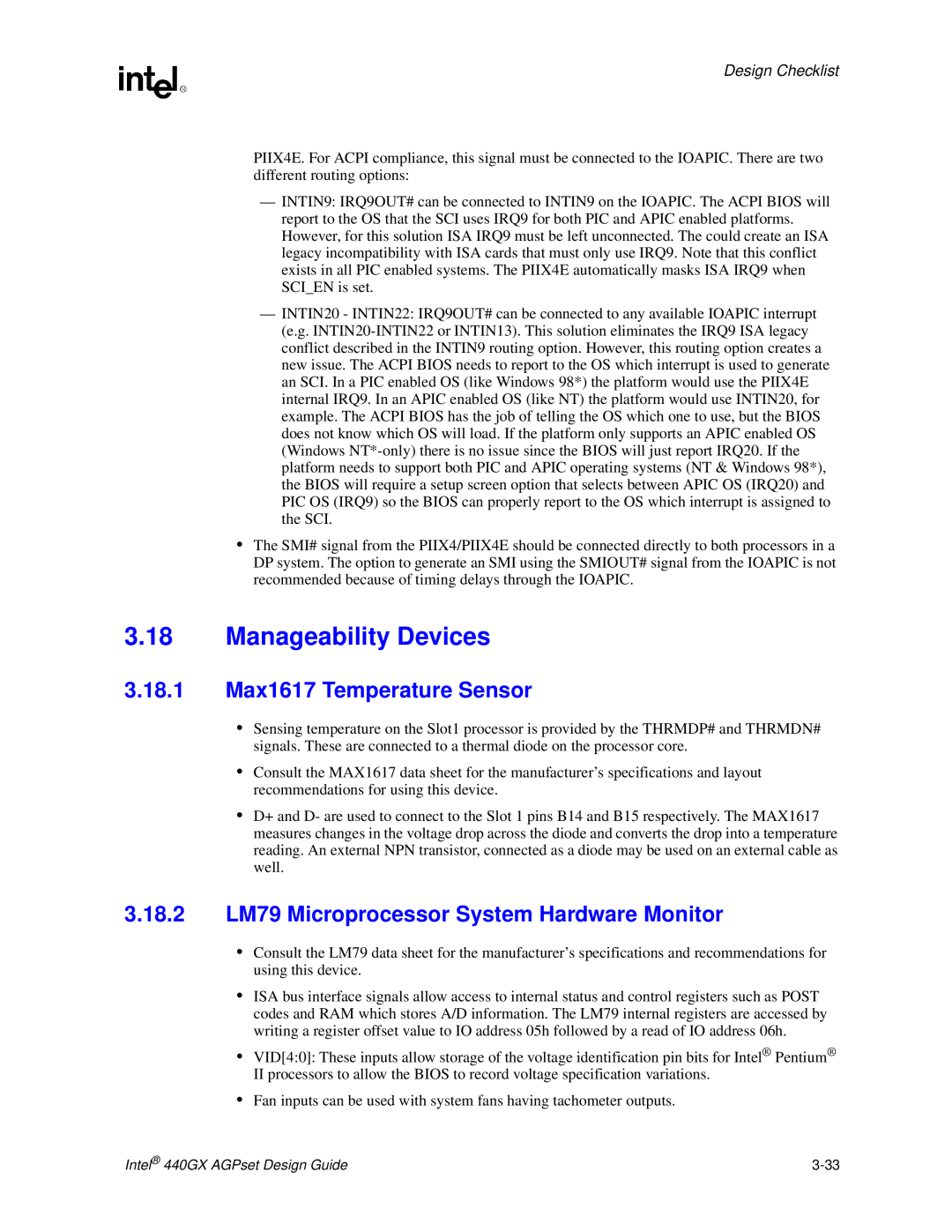 Intel 440GX Manageability Devices, 3.18.1 Max1617 Temperature Sensor, 3.18.2 LM79 Microprocessor System Hardware Monitor 