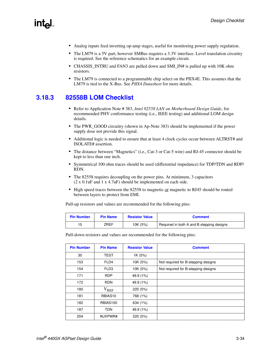 Intel 440GX manual 3.18.3 82558B LOM Checklist, Design Checklist 