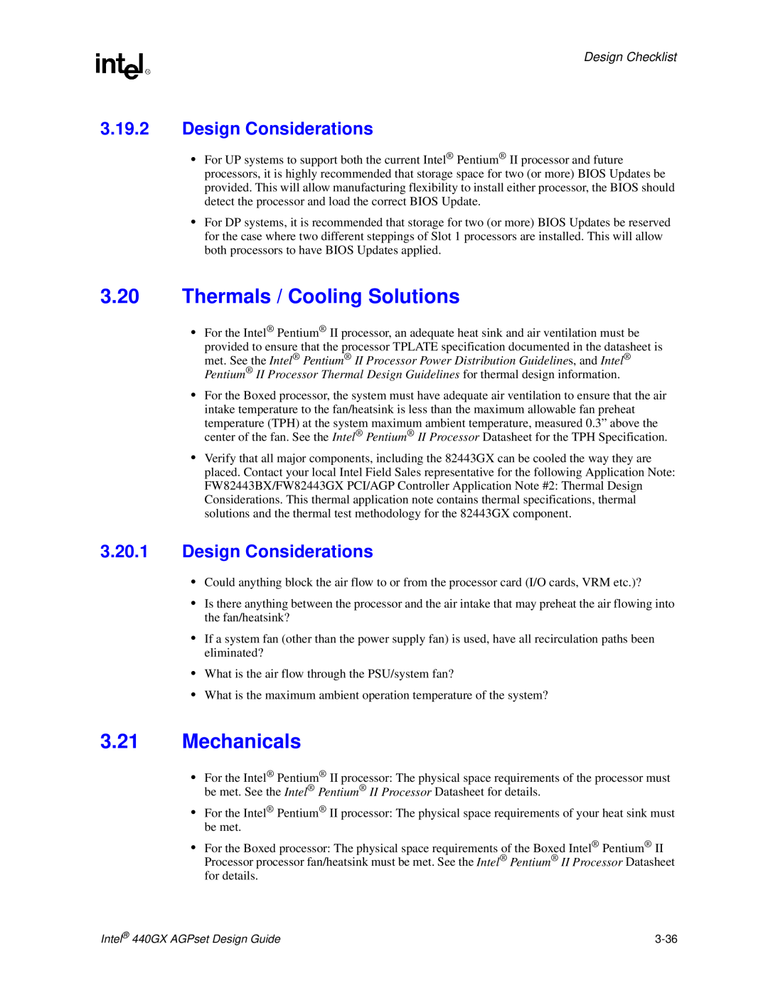 Intel 440GX manual Thermals / Cooling Solutions, Mechanicals, Design Considerations, Design Checklist 