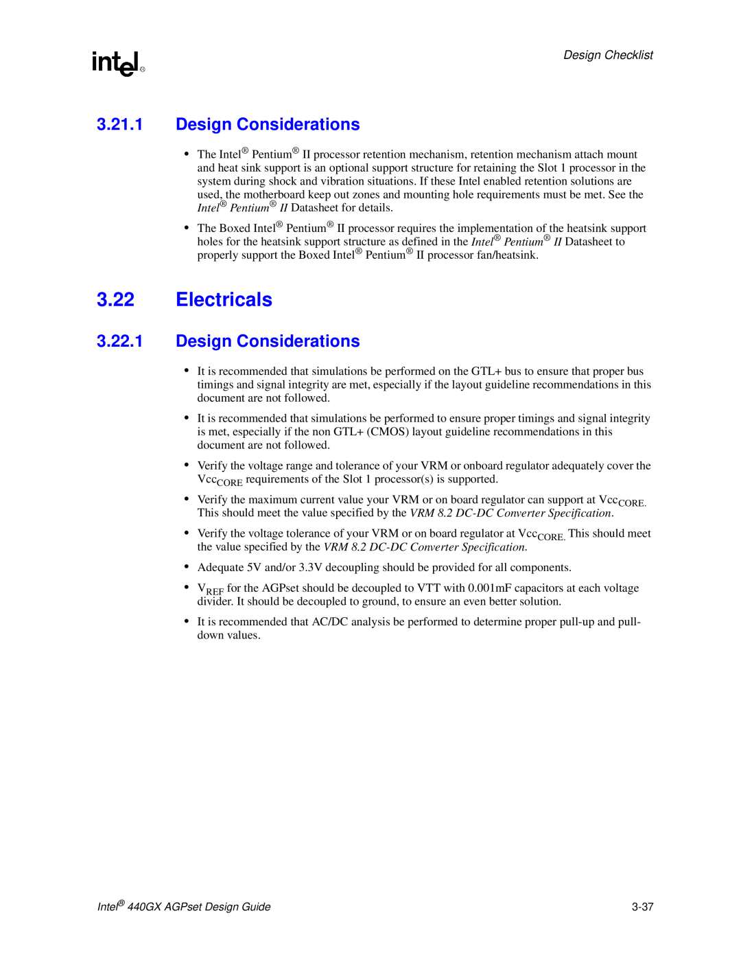 Intel 440GX manual Electricals, Design Considerations, Design Checklist 