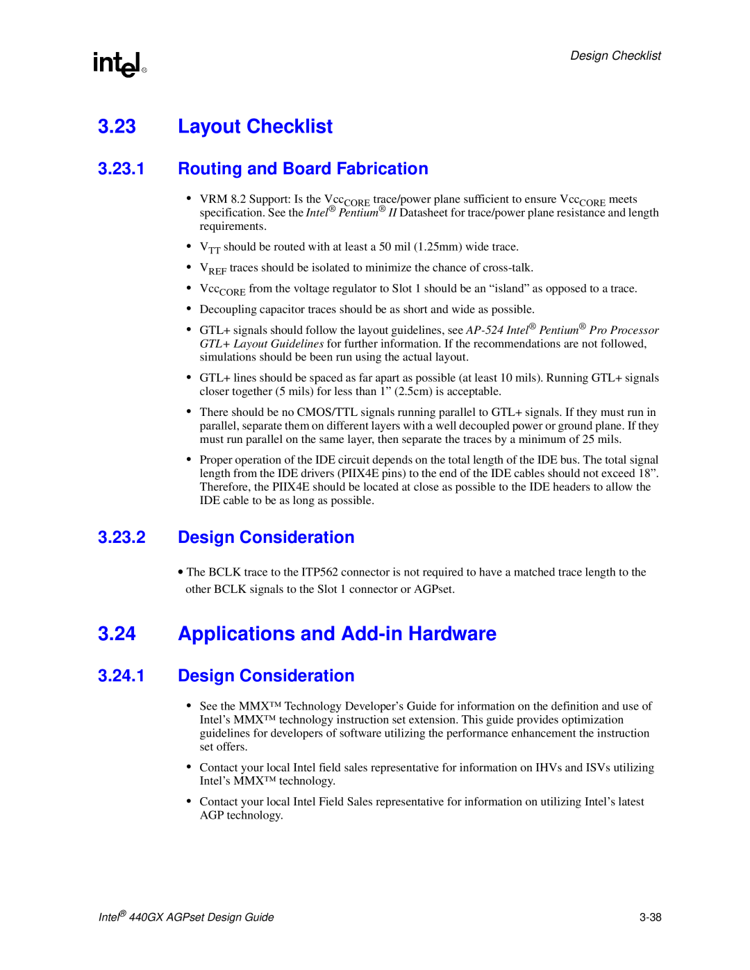 Intel 440GX manual Layout Checklist, Applications and Add-in Hardware, Routing and Board Fabrication, Design Consideration 