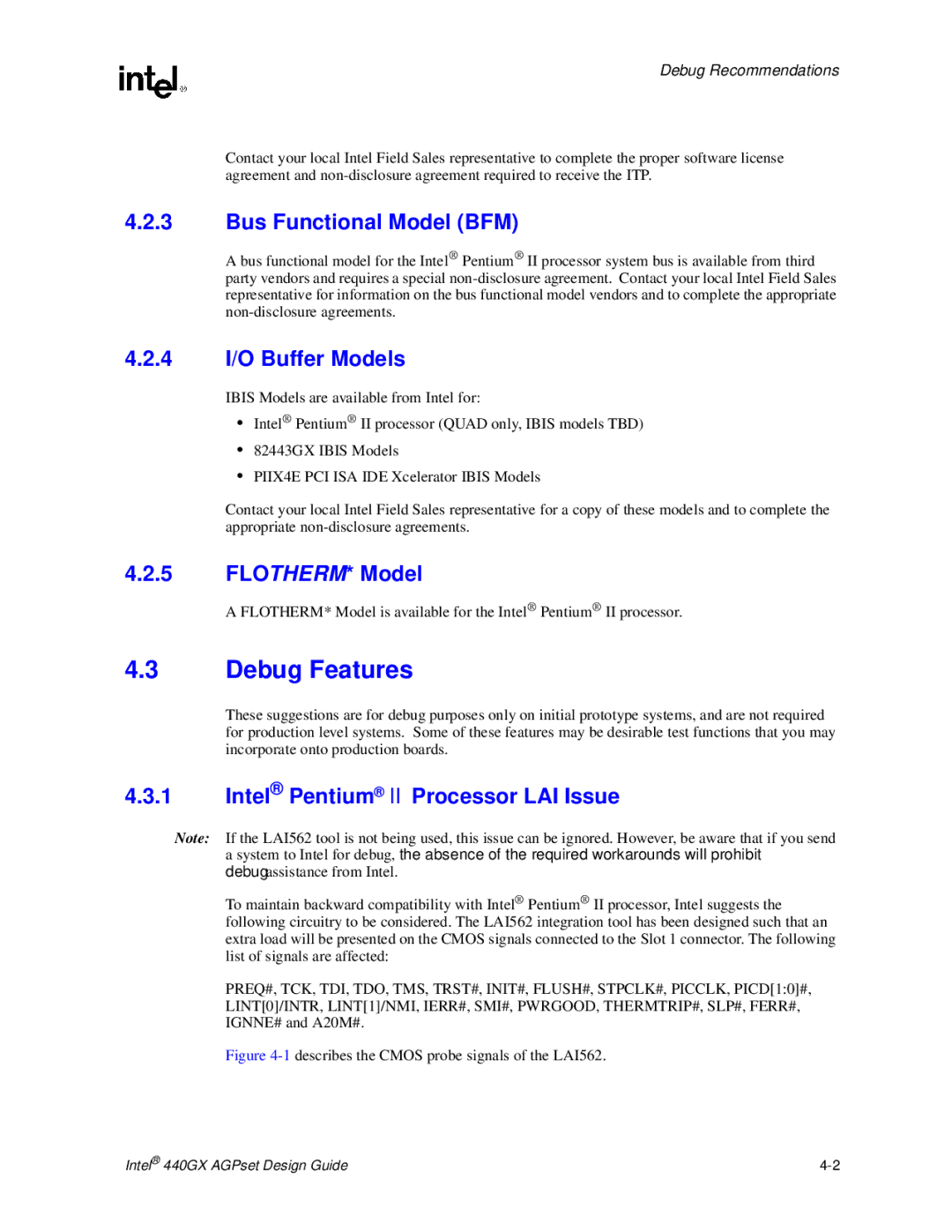 Intel 440GX manual Debug Features, Bus Functional Model BFM, 4 I/O Buffer Models, FLOTHERM* Model 