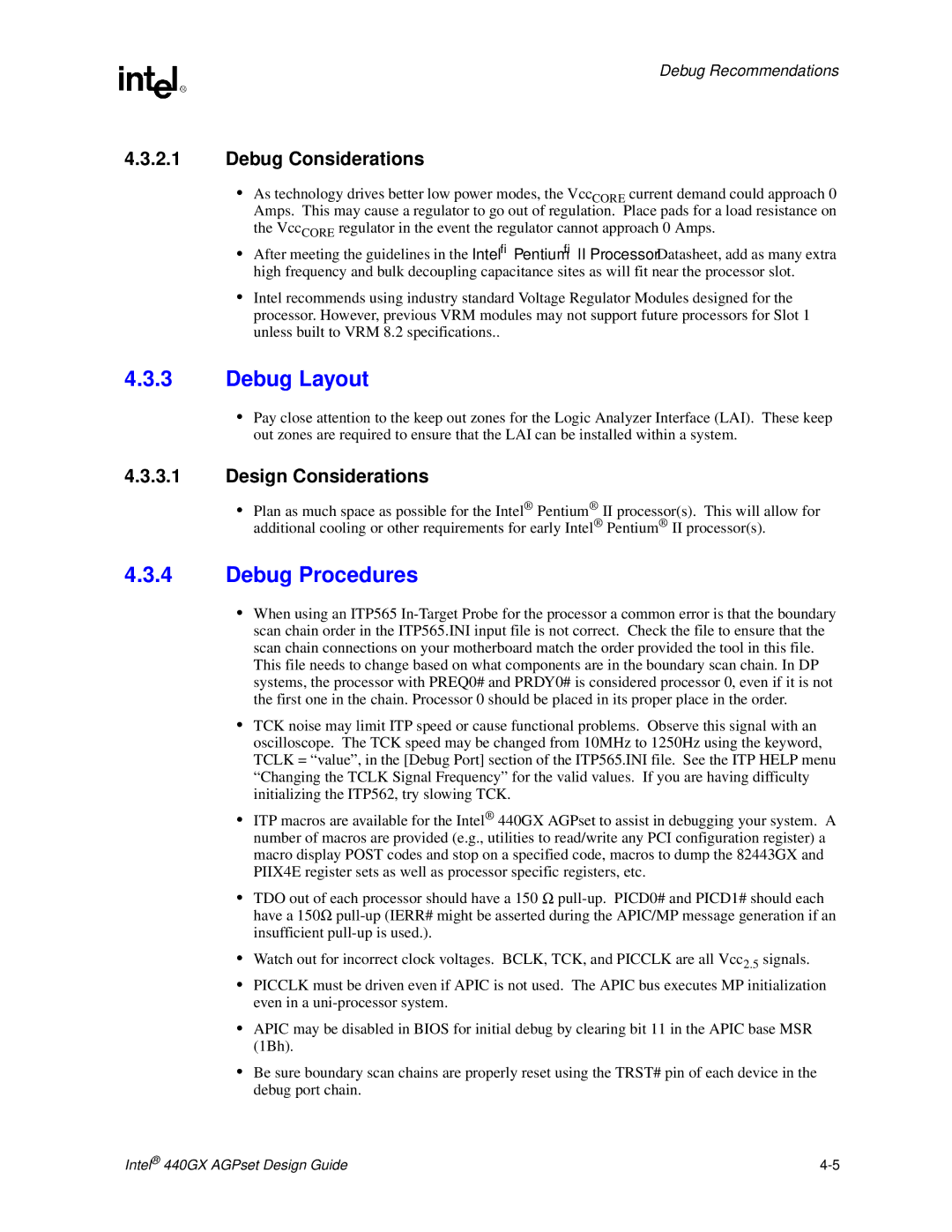 Intel 440GX manual Debug Layout, Debug Procedures, Debug Considerations, Design Considerations 