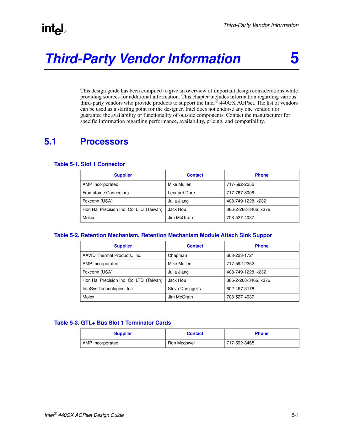 Intel 440GX manual Processors, Slot 1 Connector, GTL+ Bus Slot 1 Terminator Cards, Supplier Contact Phone 