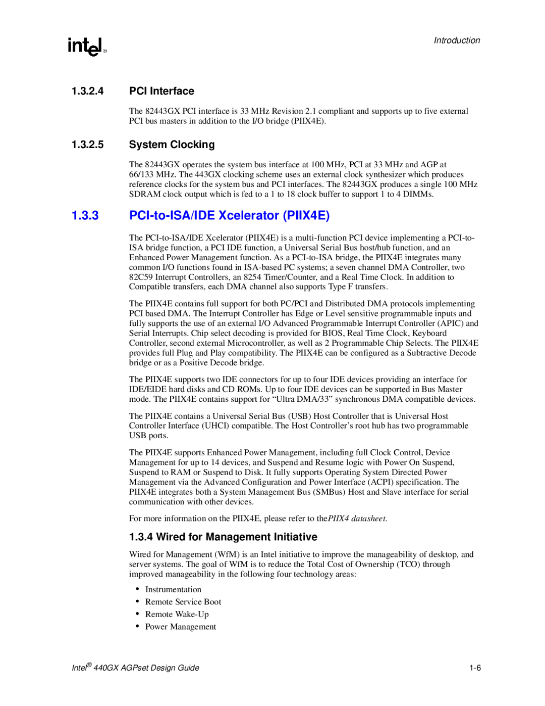 Intel 440GX manual PCI-to-ISA/IDE Xcelerator PIIX4E, PCI Interface, System Clocking, Wired for Management Initiative 