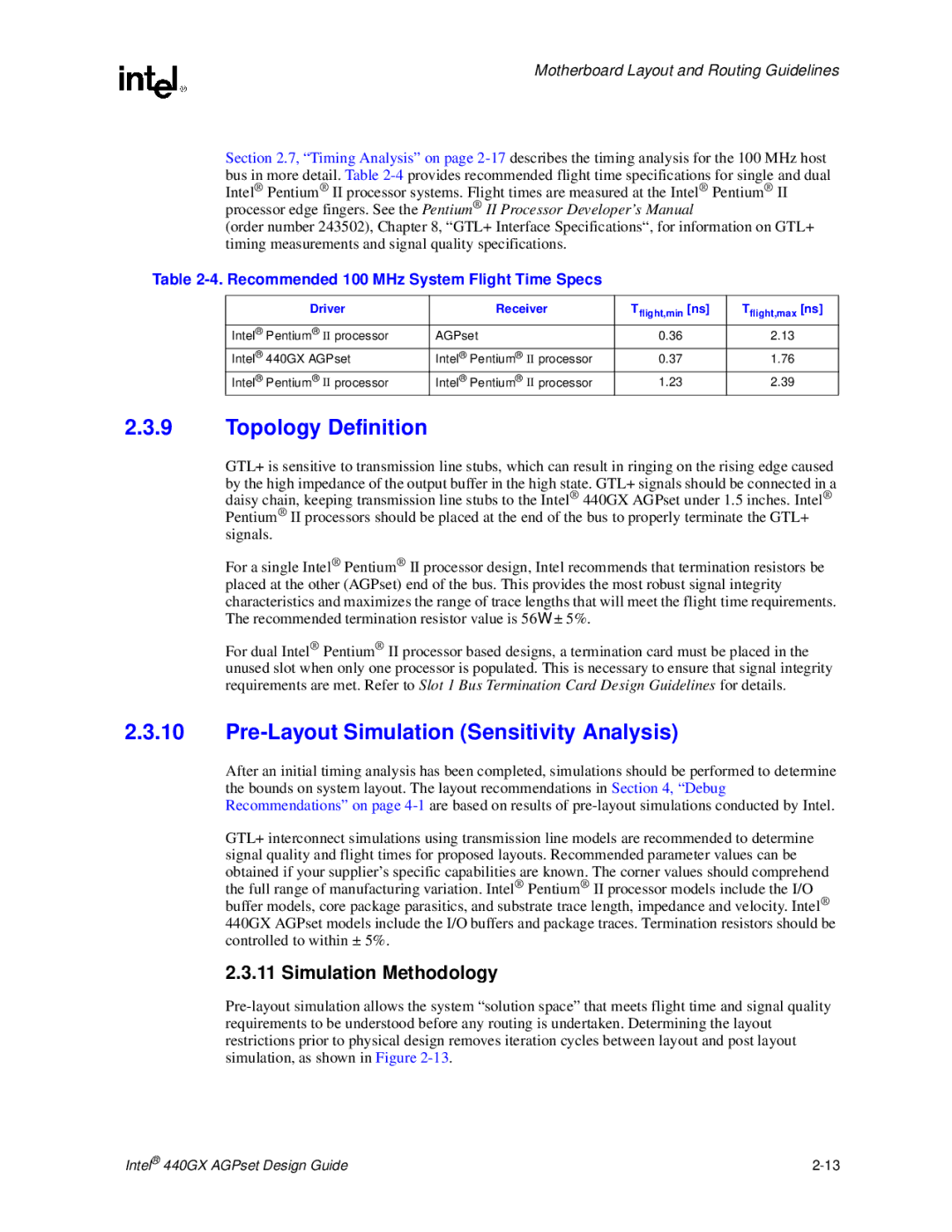 Intel 440GX manual Topology Definition, Pre-Layout Simulation Sensitivity Analysis, Simulation Methodology, Driver Receiver 