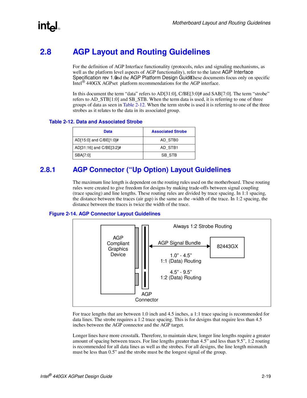 Intel 440GX manual AGP Layout and Routing Guidelines, AGP Connector Up Option Layout Guidelines, Data and Associated Strobe 