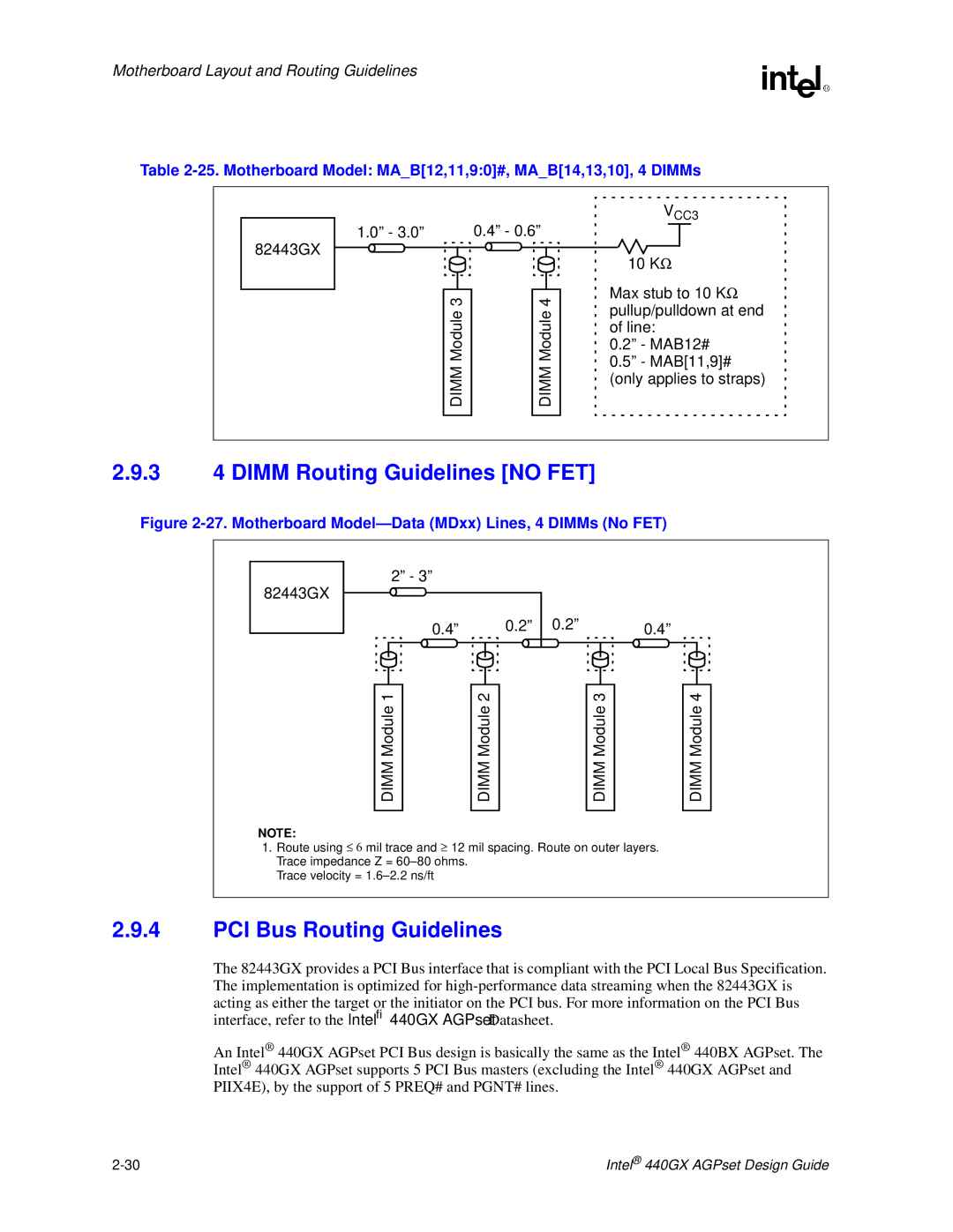 Intel 440GX manual 3 4 Dimm Routing Guidelines no FET, PCI Bus Routing Guidelines, VCC3 