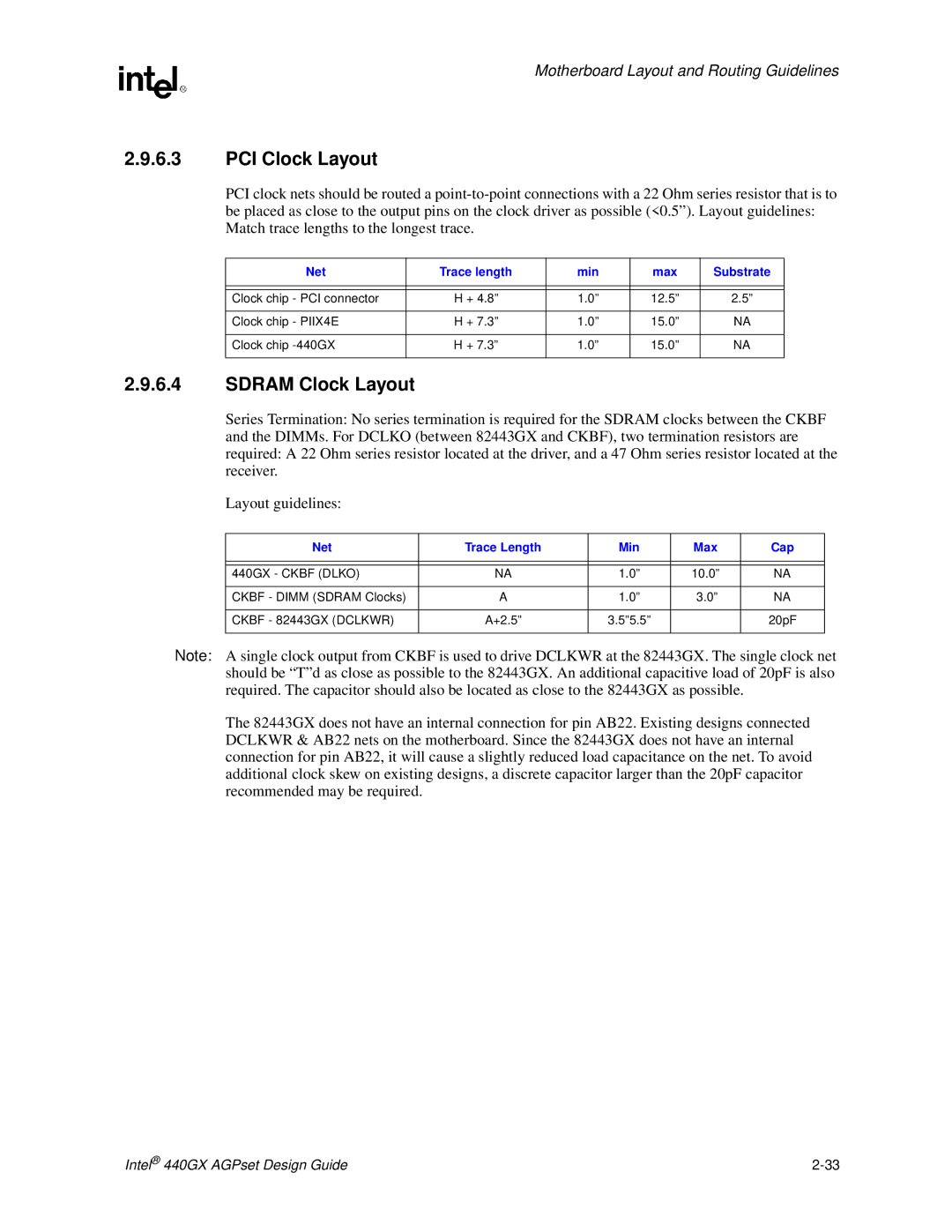 Intel manual PCI Clock Layout, Sdram Clock Layout, Net Trace Length Min Max Cap, 440GX Ckbf Dlko, Ckbf 82443GX Dclkwr 