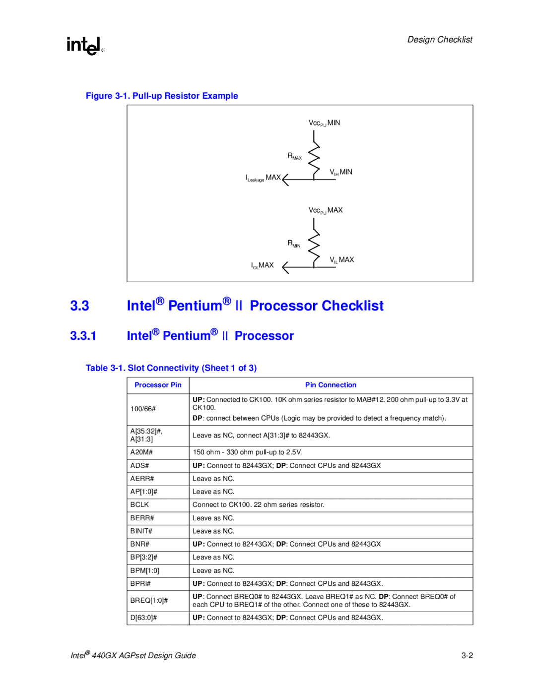 Intel 440GX manual Intel Pentium II Processor Checklist, Slot Connectivity Sheet 1, Processor Pin Pin Connection 