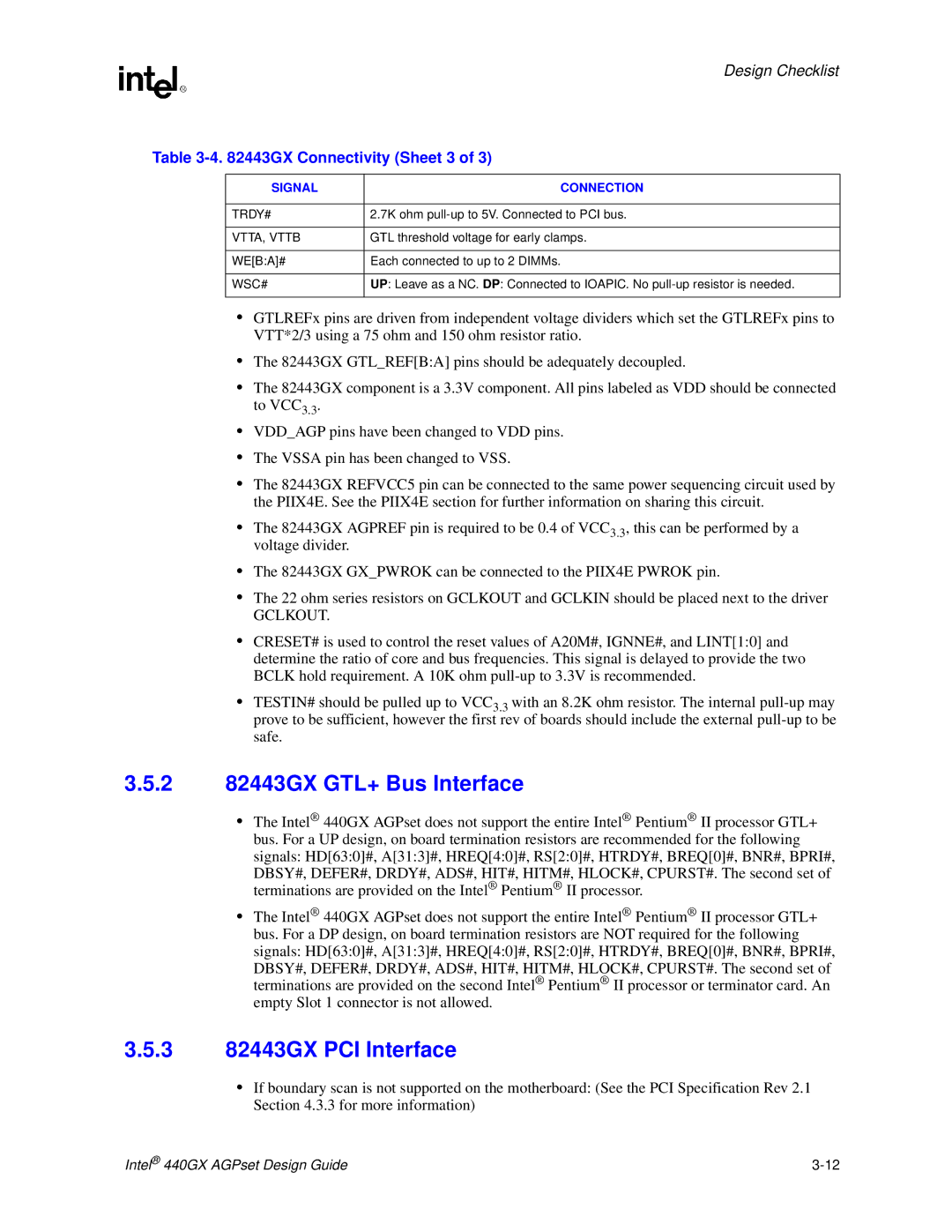 Intel 440GX manual 2 82443GX GTL+ Bus Interface, 3 82443GX PCI Interface, GX Connectivity Sheet 3, VTTA, Vttb, Wsc# 