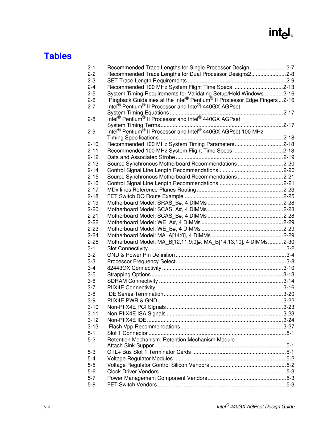 Intel Tables, Intel Pentium II Processor and Intel 440GX AGPset, Motherboard Model MAB12,11,90#, MAB14,13,10, 4 DIMMs 