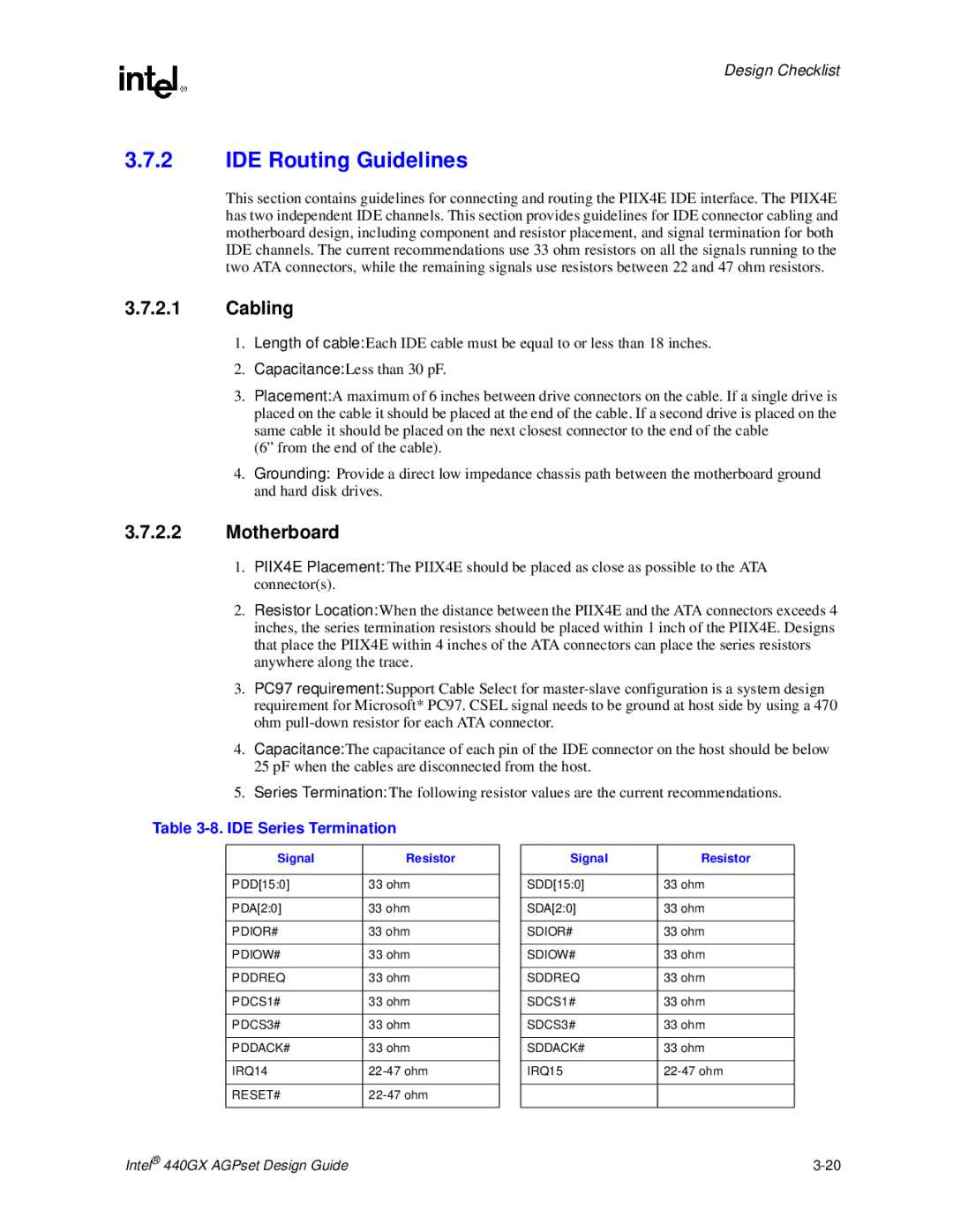 Intel 440GX manual IDE Routing Guidelines, Cabling, Motherboard, IDE Series Termination, Signal Resistor 