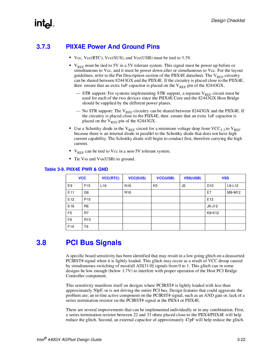 Intel 440GX manual PCI Bus Signals, PIIX4E Power And Ground Pins, PIIX4E PWR & GND 