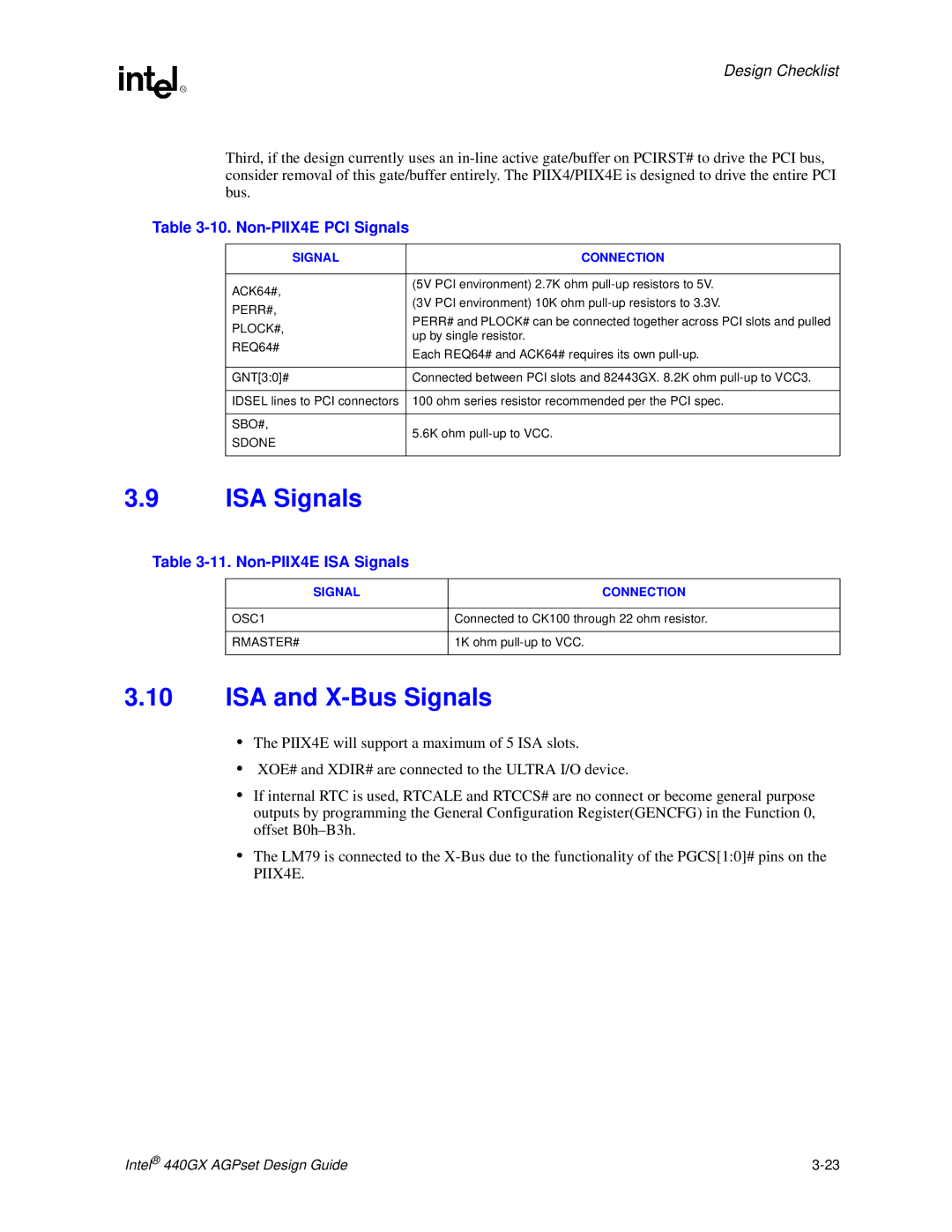 Intel 440GX manual ISA and X-Bus Signals, Non-PIIX4E PCI Signals, Non-PIIX4E ISA Signals 