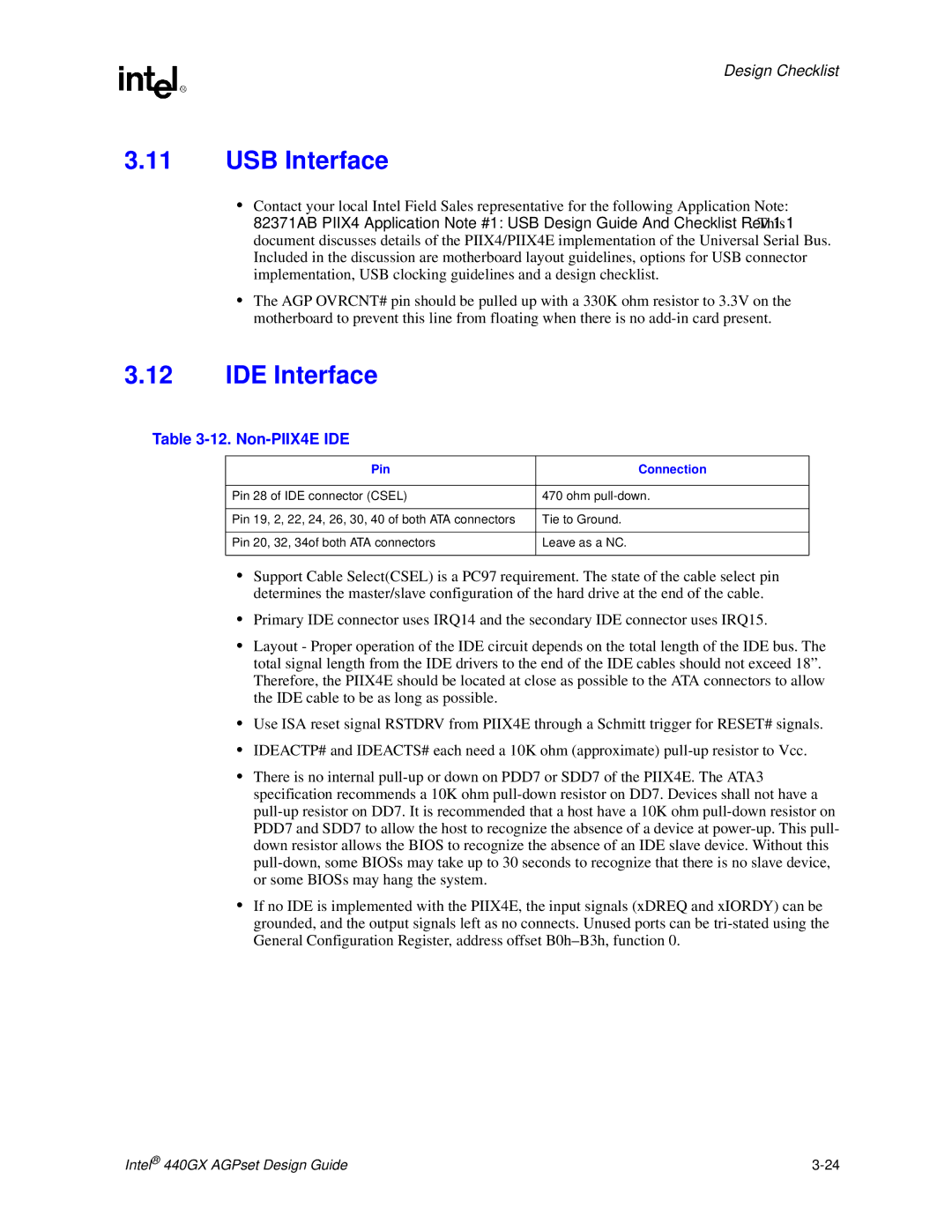 Intel 440GX manual USB Interface, IDE Interface, Non-PIIX4E IDE 