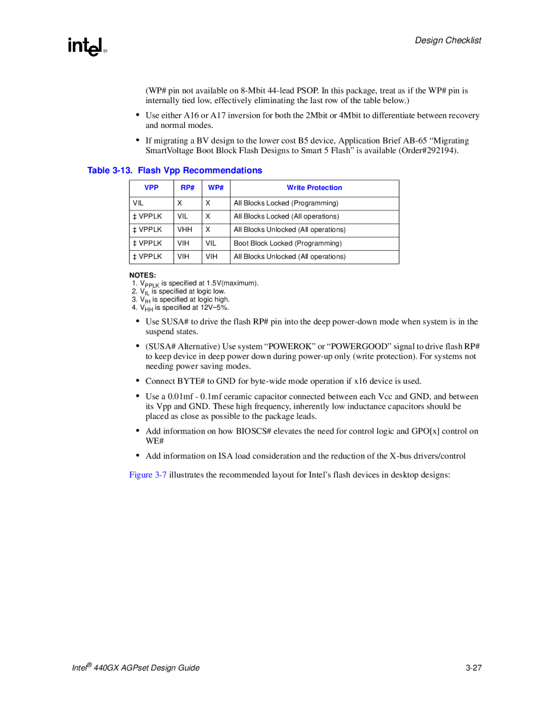 Intel 440GX manual Flash Vpp Recommendations, Write Protection 