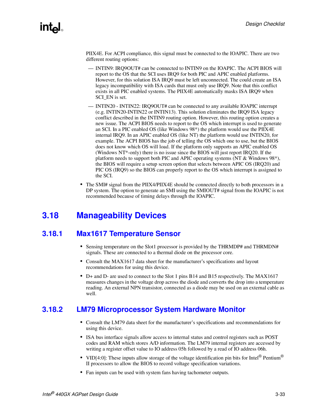 Intel 440GX manual Manageability Devices, 18.1 Max1617 Temperature Sensor, 18.2 LM79 Microprocessor System Hardware Monitor 