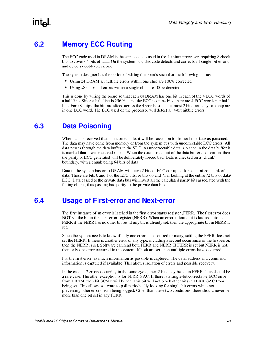 Intel 460GX manual Memory ECC Routing, Data Poisoning, Usage of First-error and Next-error 