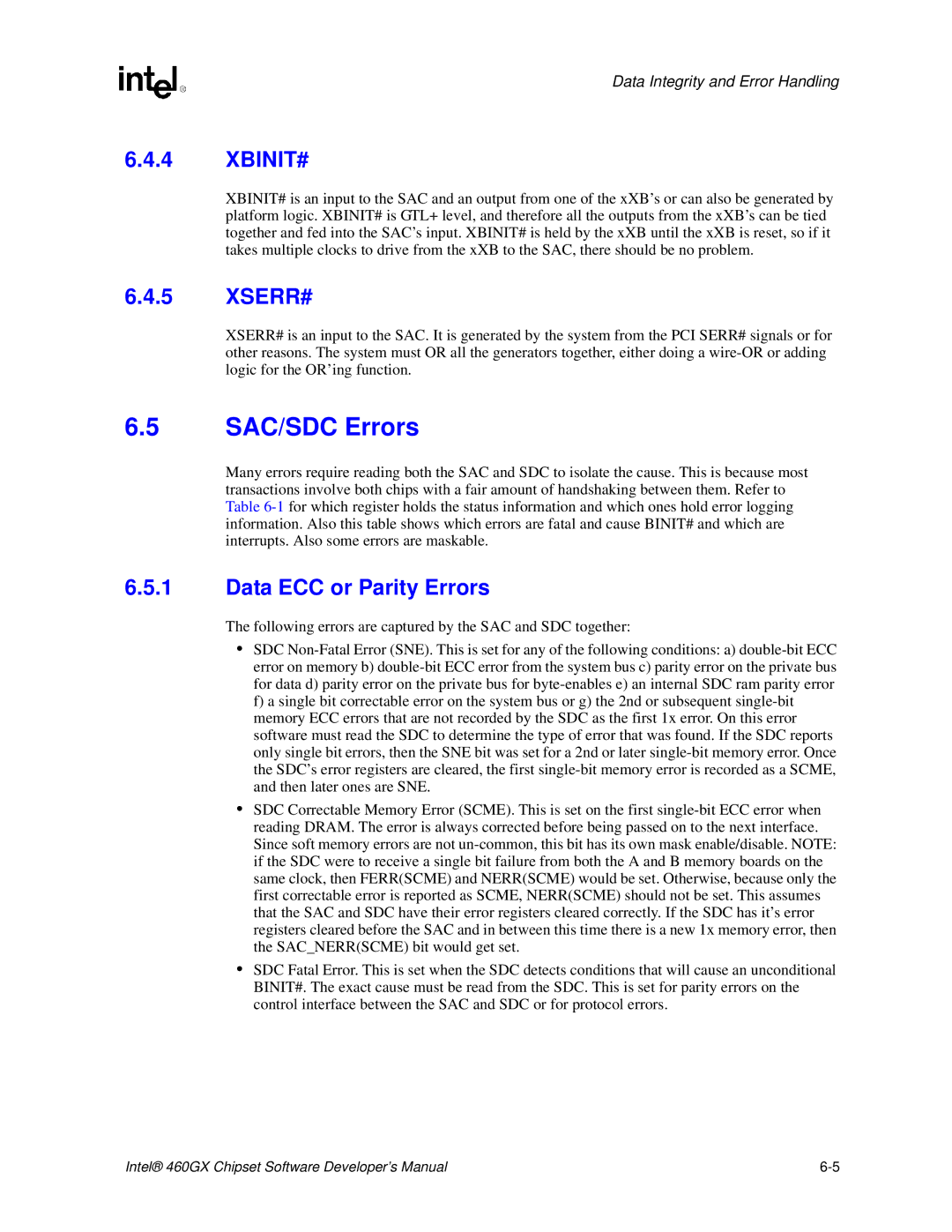 Intel 460GX manual SAC/SDC Errors, Xbinit#, Xserr#, Data ECC or Parity Errors 