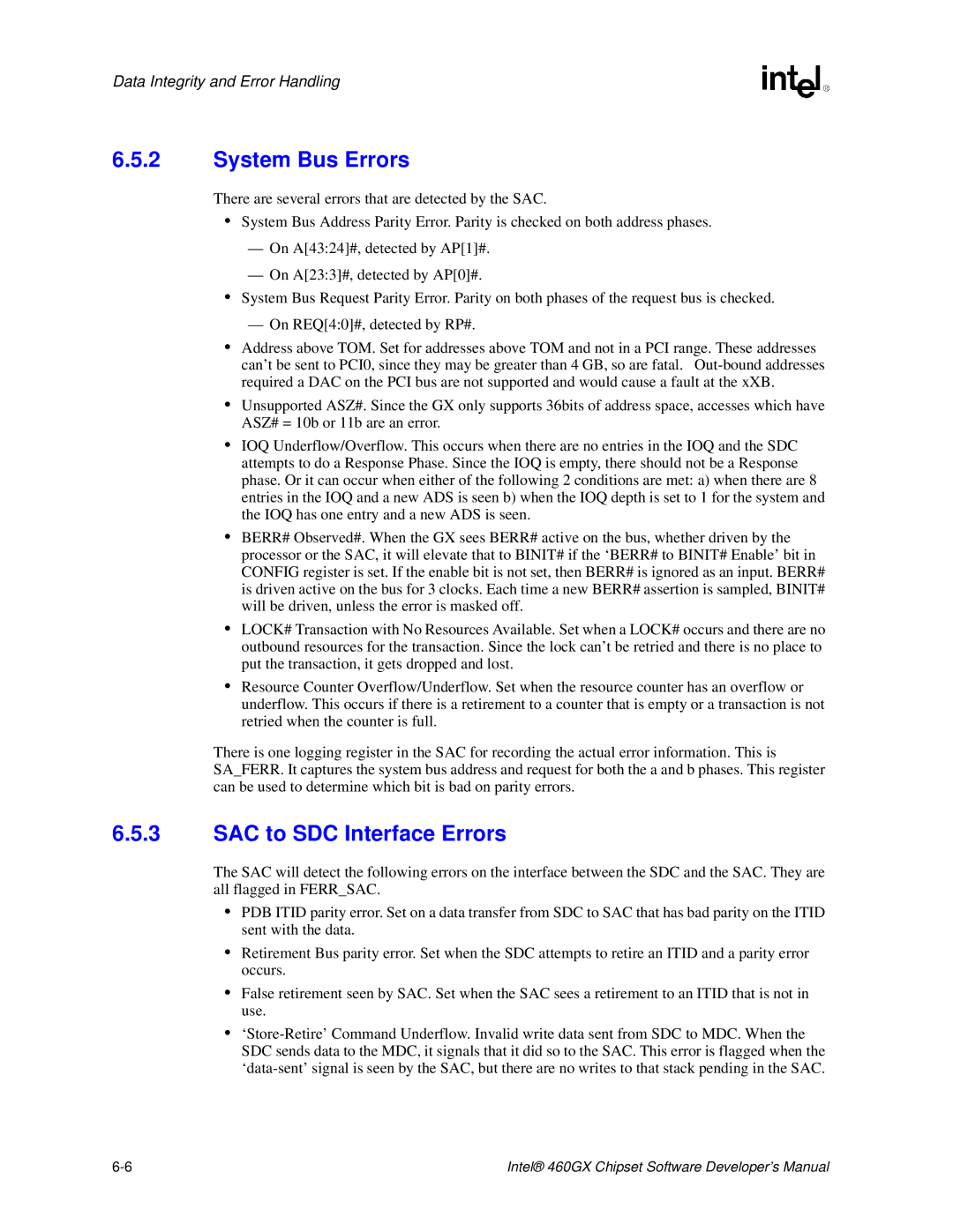 Intel 460GX manual System Bus Errors, SAC to SDC Interface Errors 