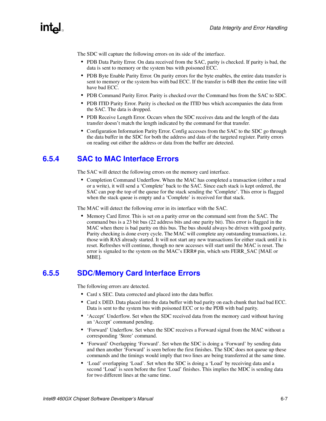 Intel 460GX manual SAC to MAC Interface Errors, 5 SDC/Memory Card Interface Errors 