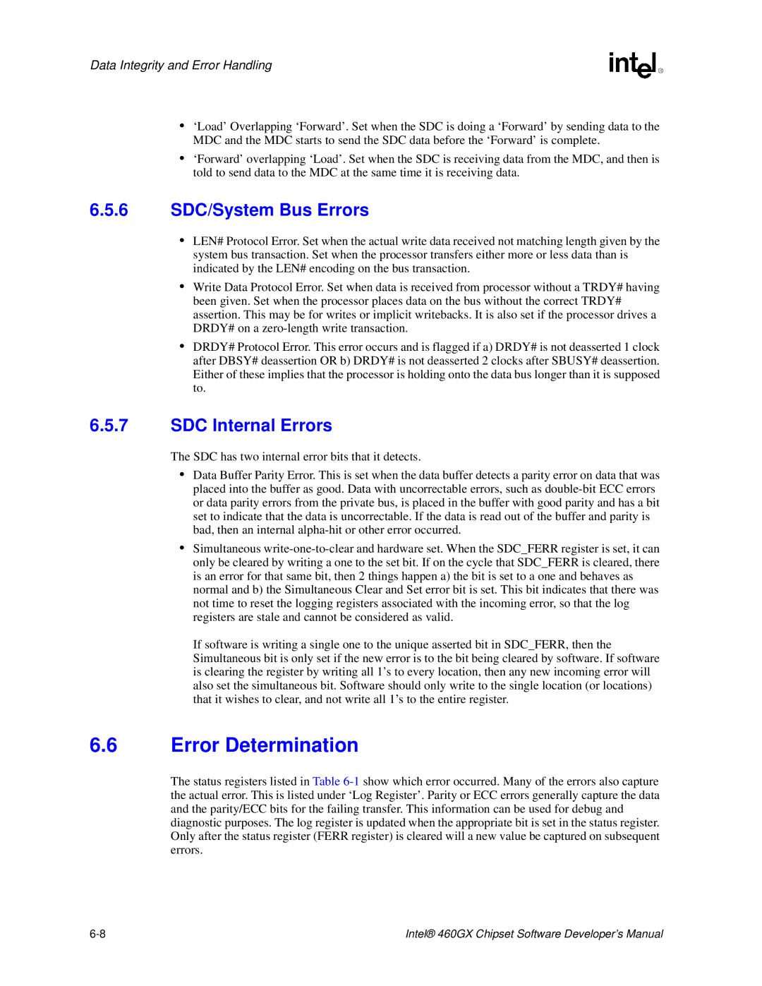 Intel 460GX manual Error Determination, 6 SDC/System Bus Errors, SDC Internal Errors 