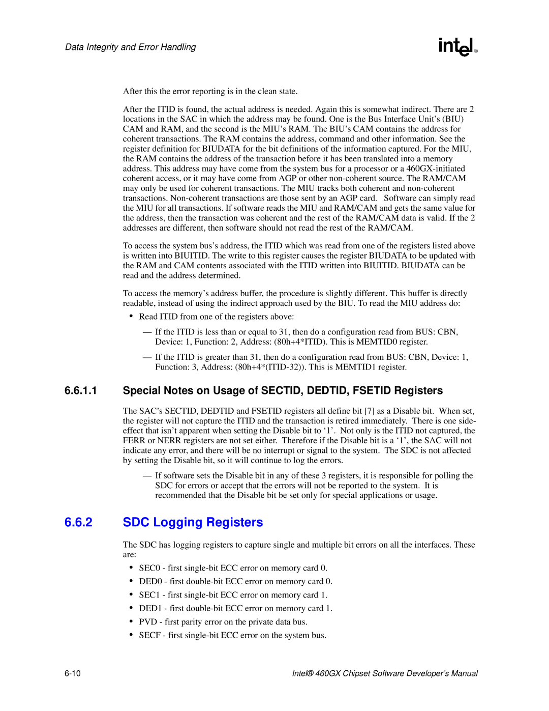 Intel 460GX manual SDC Logging Registers, Special Notes on Usage of SECTID, DEDTID, Fsetid Registers 