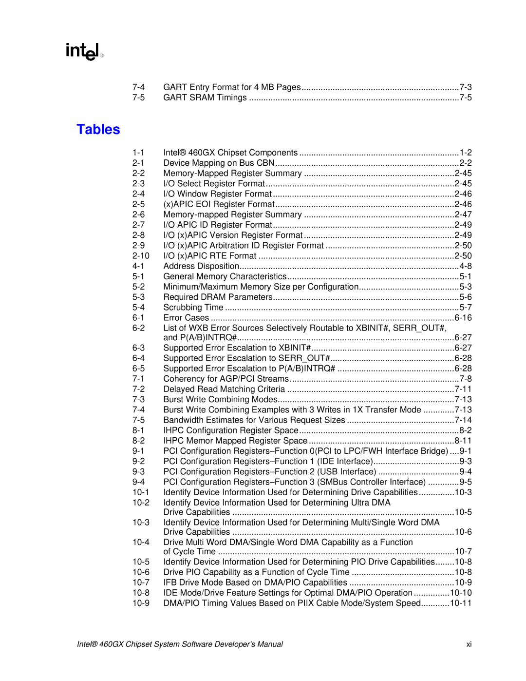 Intel 460GX manual Tables 