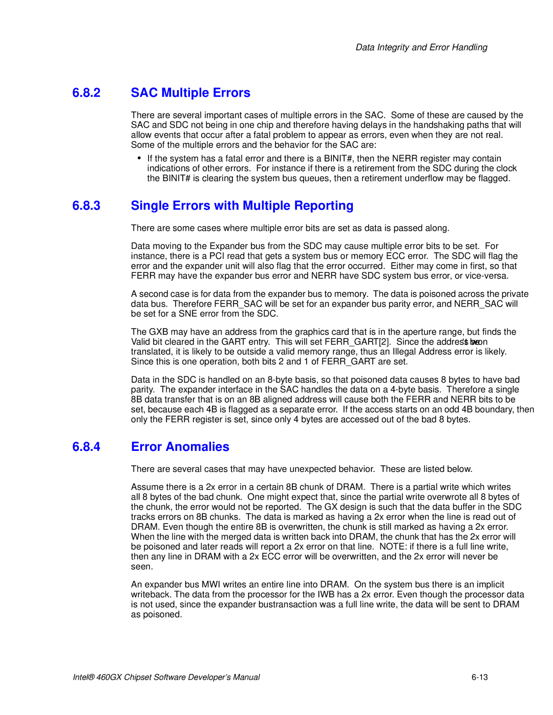 Intel 460GX manual SAC Multiple Errors, Single Errors with Multiple Reporting, Error Anomalies 