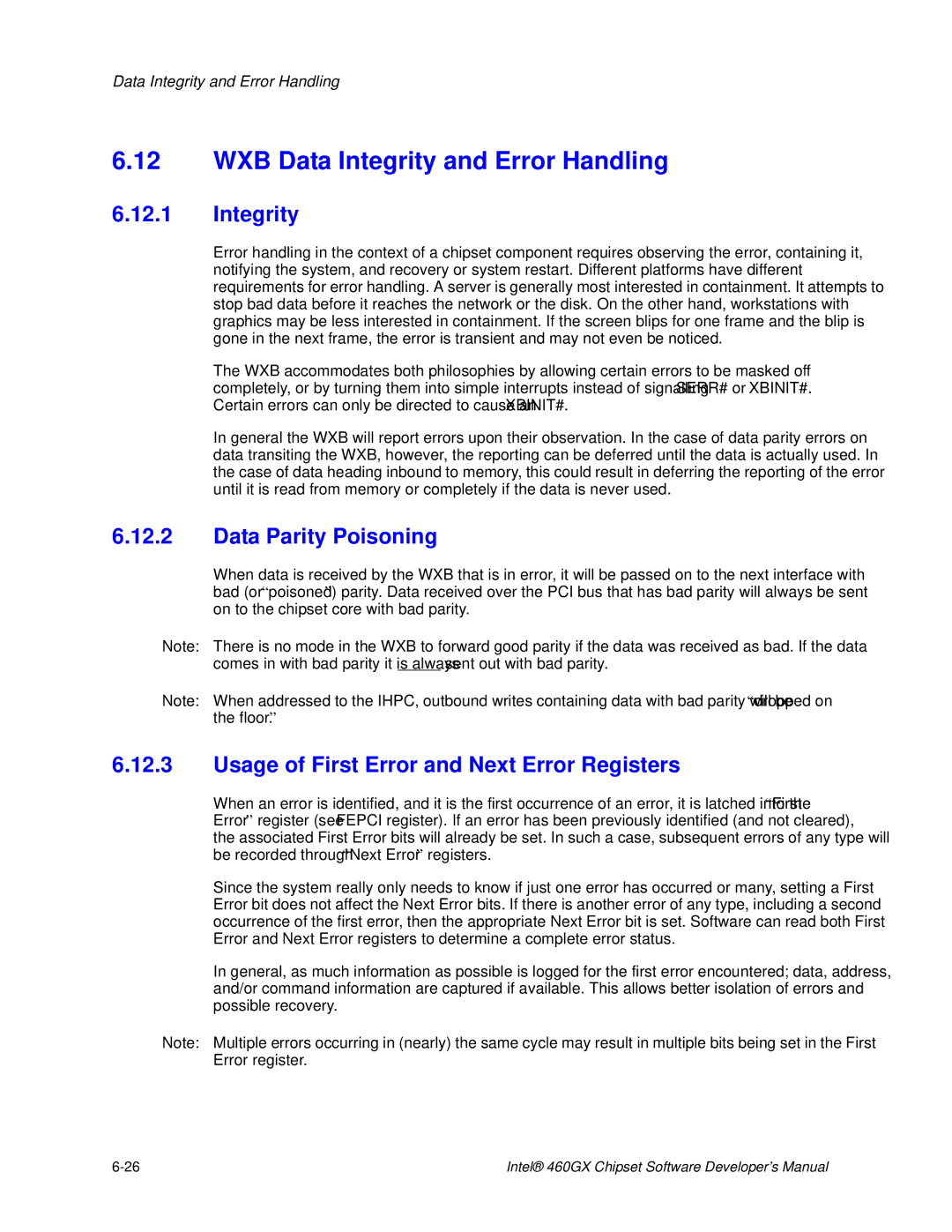 Intel 460GX WXB Data Integrity and Error Handling, Data Parity Poisoning, Usage of First Error and Next Error Registers 