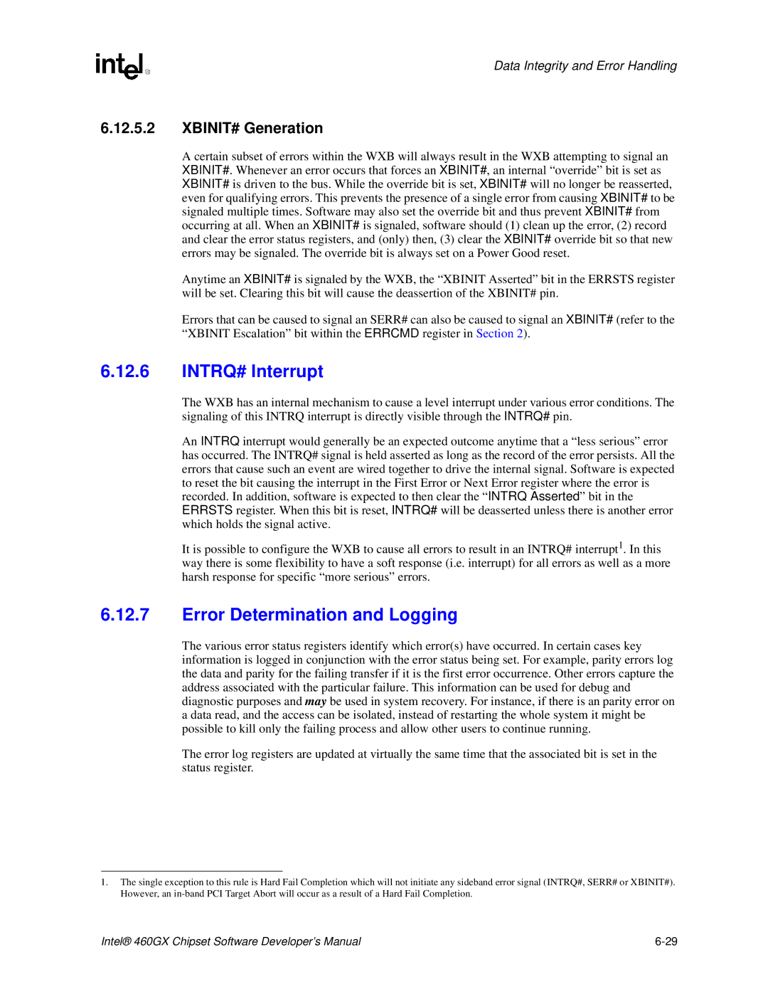 Intel 460GX manual INTRQ# Interrupt, Error Determination and Logging, XBINIT# Generation 