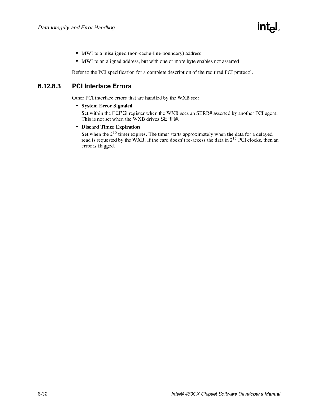 Intel 460GX manual PCI Interface Errors, System Error Signaled, Discard Timer Expiration 