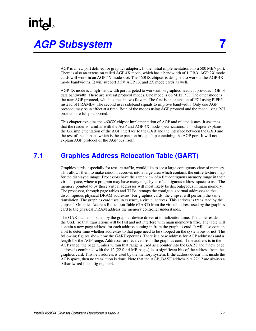 Intel 460GX manual AGP Subsystem, Graphics Address Relocation Table Gart 