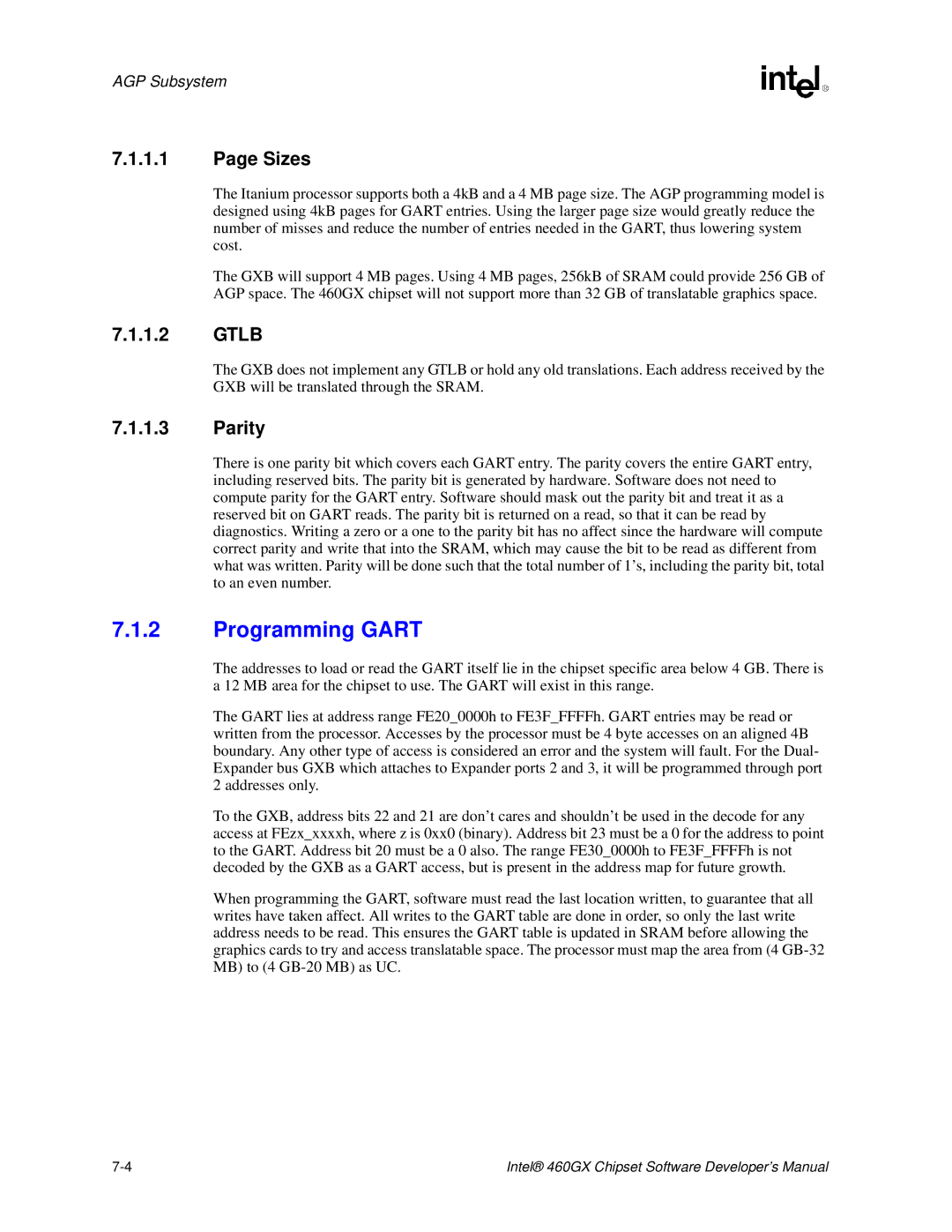 Intel 460GX manual Programming Gart, Sizes, Gtlb, Parity 