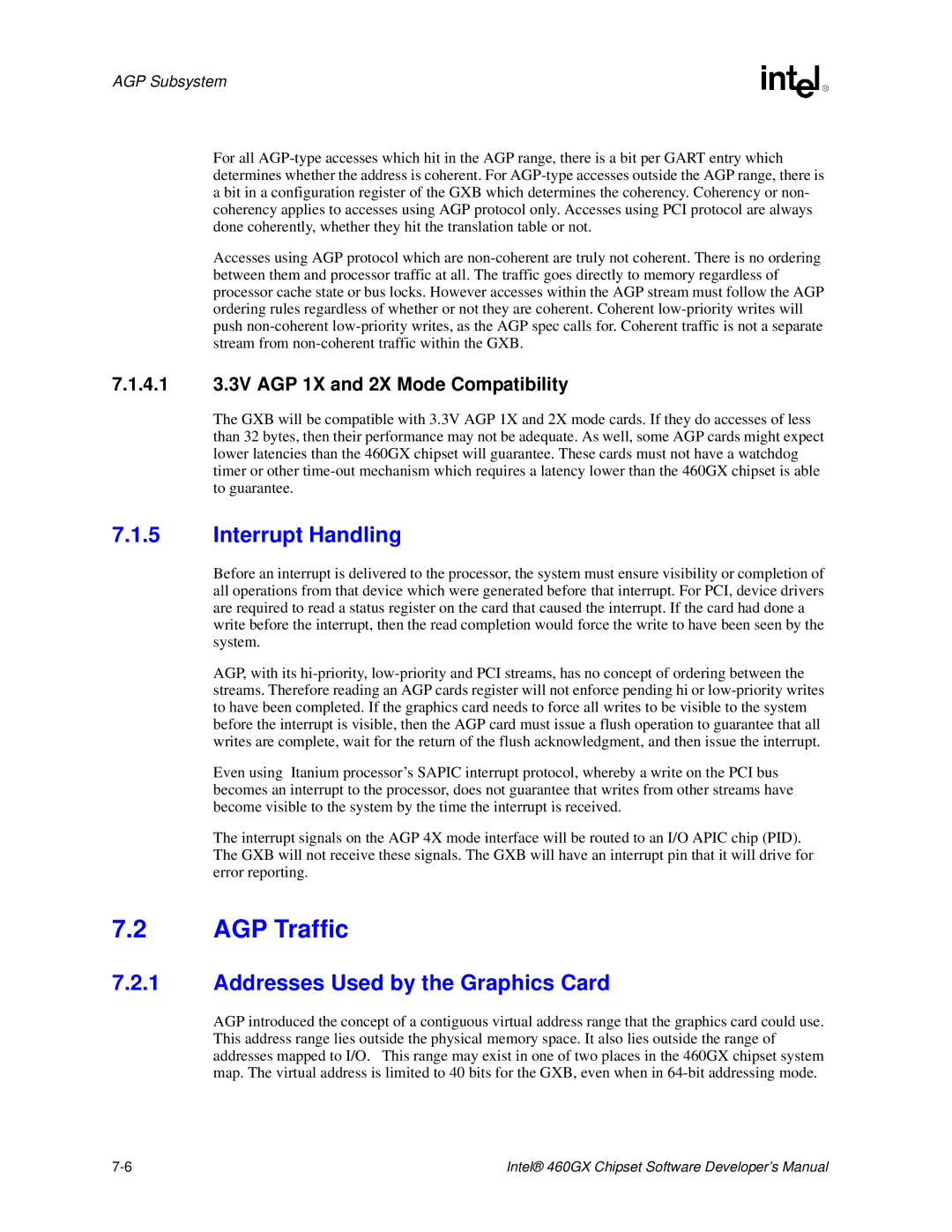 Intel 460GX manual AGP Traffic, Interrupt Handling, Addresses Used by the Graphics Card 