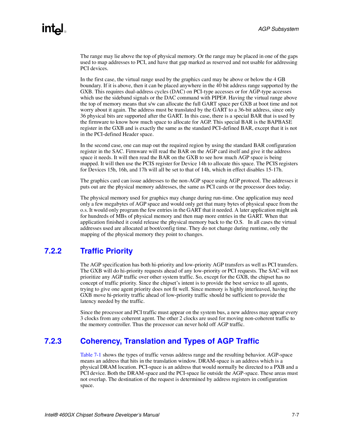 Intel 460GX manual Traffic Priority, Coherency, Translation and Types of AGP Traffic 