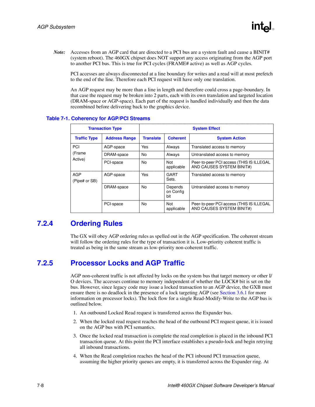 Intel 460GX manual Ordering Rules, Processor Locks and AGP Traffic, Coherency for AGP/PCI Streams 