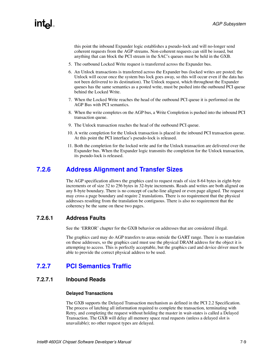 Intel 460GX manual Address Alignment and Transfer Sizes, PCI Semantics Traffic, Address Faults, Inbound Reads 