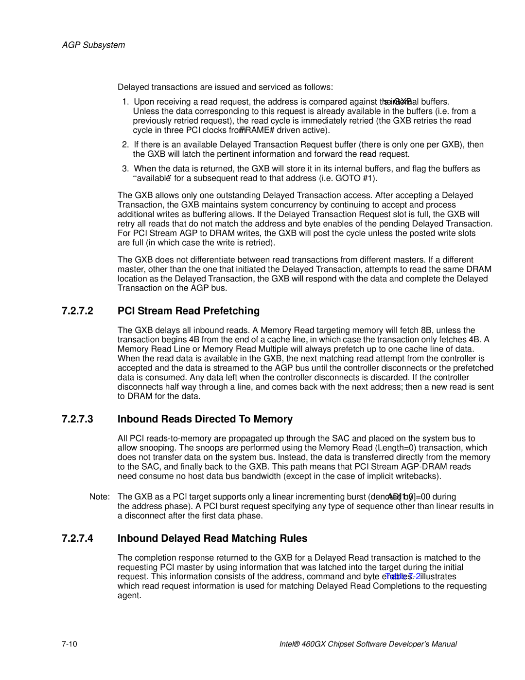 Intel 460GX manual PCI Stream Read Prefetching, Inbound Reads Directed To Memory, Inbound Delayed Read Matching Rules 