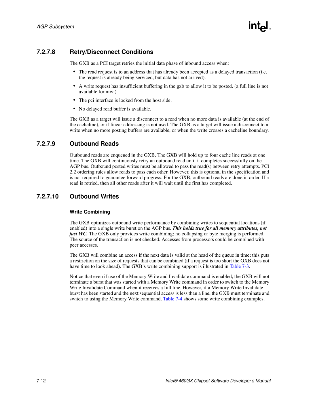 Intel 460GX manual Retry/Disconnect Conditions, Outbound Reads, Outbound Writes 