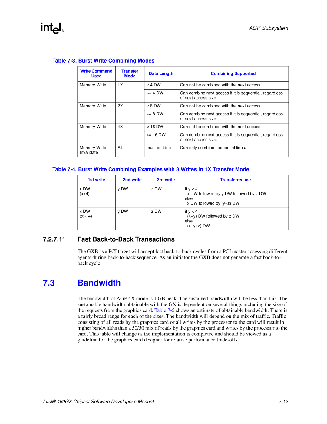 Intel 460GX Fast Back-to-Back Transactions, Burst Write Combining Modes, 1st write 2nd write 3rd write Transferred as 