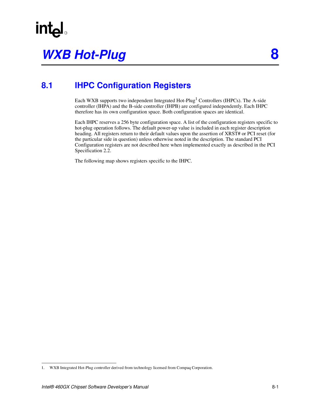 Intel 460GX manual WXB Hot-Plug, Ihpc Configuration Registers 